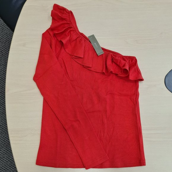 J.Crew NWT Red One-shoulder Rib Ruffle Top S - Picture 6 of 7